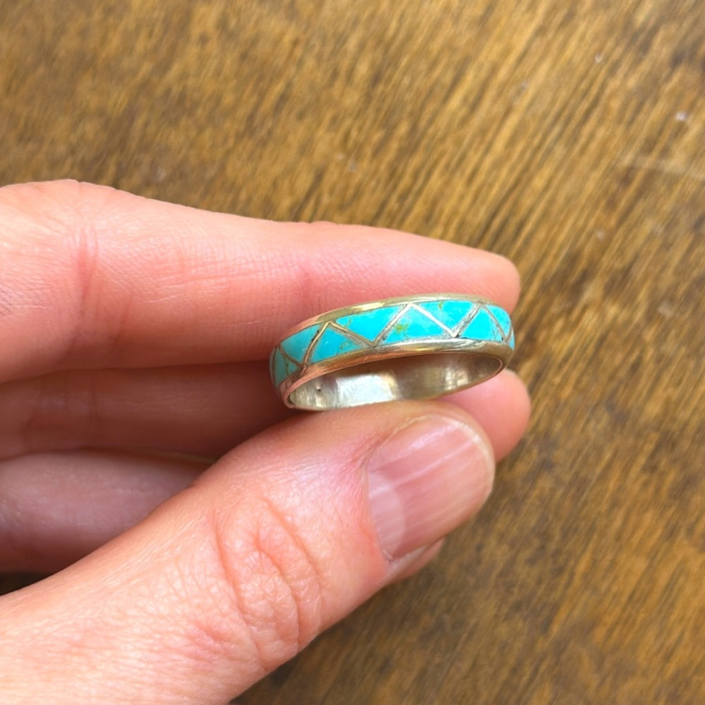 Vintage Turquoise Inlay Gemstone & Sterling Silver Ring | Size 9.25